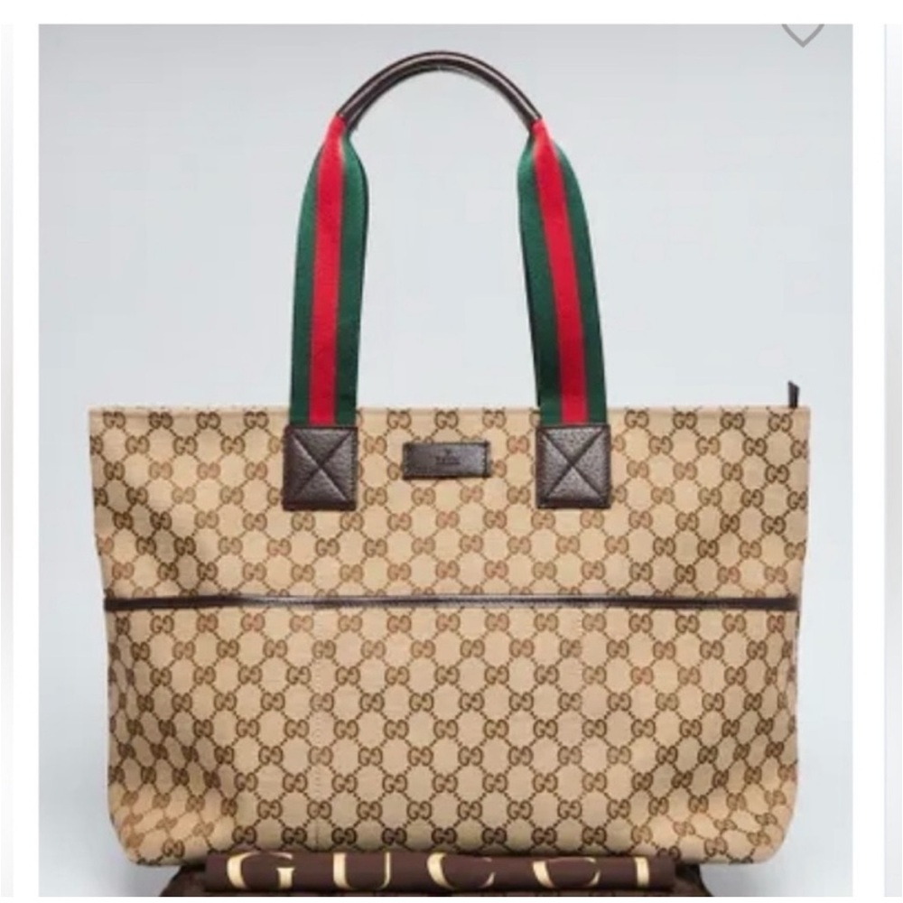 Gucci Beige and Brown Shoulder Bag with Red and Green Straps.